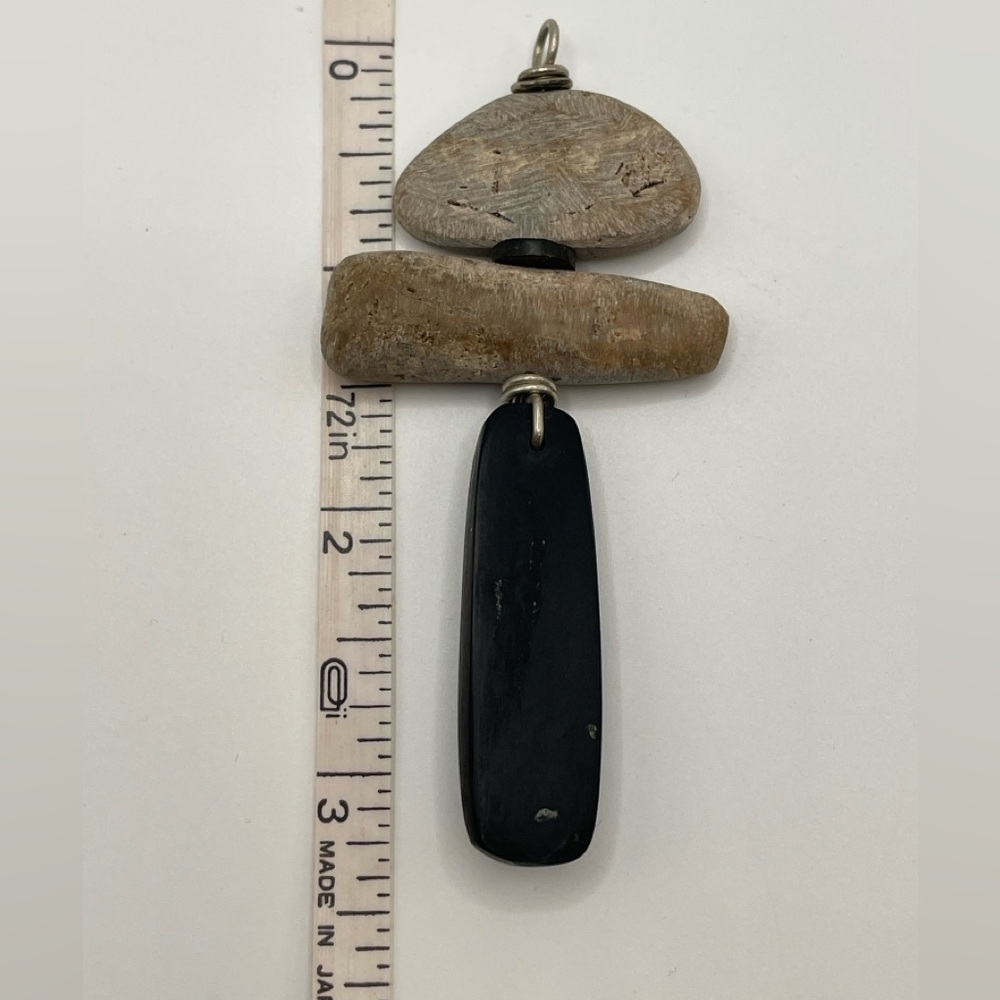Unique Handmade Petrified Wood & Genuine Jet Totem Pendant Fossil Boho Wire Wrap - Picture 11 of 14